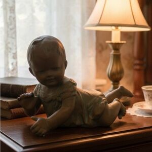 VINTAGE TERRA COTTA CRAWLING BABY FIGURINE.ANTIQUE STYLE PIANO BABY.